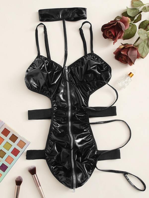 Zip Front Faux Leather Choker Teddy Bodysuit - INS | Online Fashion Free Shipping Clothing, Dresses, Tops, Shoes