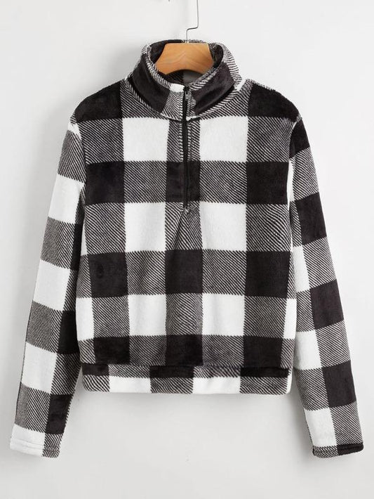 Zip Half Placket Buffalo Plaid Pullover - INS | Online Fashion Free Shipping Clothing, Dresses, Tops, Shoes