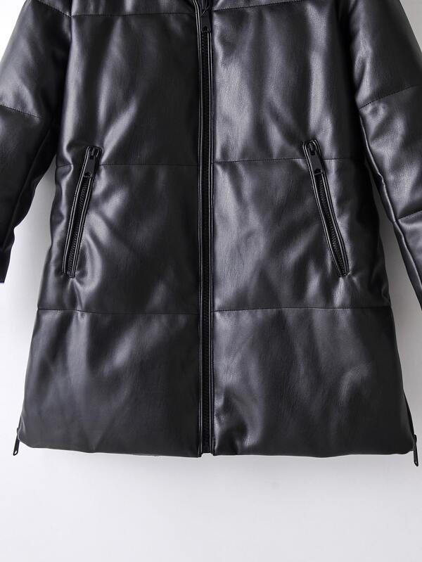 Zip Up Hooded PU Leather Padded Coat - INS | Online Fashion Free Shipping Clothing, Dresses, Tops, Shoes