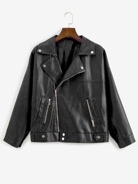 Zip Up Pockets Faux Leather Biker Jacket - Jackets - INS | Online Fashion Free Shipping Clothing, Dresses, Tops, Shoes - 02/07/2021 - Black - Casual