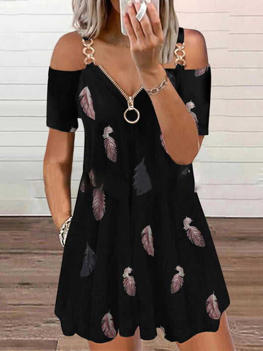 Zip V-Neck Feather Print Off-Shoulder Casual Dress - Mini Dresses - INS | Online Fashion Free Shipping Clothing, Dresses, Tops, Shoes - 03/07/2021 - 20-30 - Category_Mini Dresses