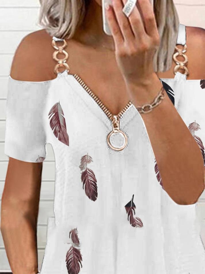 Zip V-Neck Feather Print Off-Shoulder Casual Dress - Mini Dresses - INS | Online Fashion Free Shipping Clothing, Dresses, Tops, Shoes - 03/07/2021 - 20-30 - Category_Mini Dresses