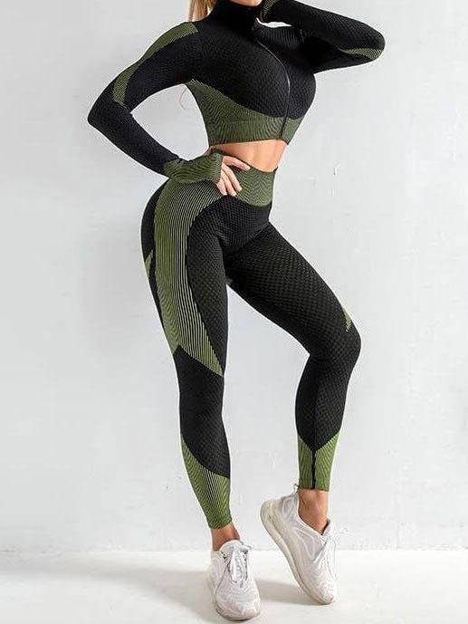 Zipped Long Sleeve Butt-lifting Pinky Set - Two-piece Outfits - INS | Online Fashion Free Shipping Clothing, Dresses, Tops, Shoes - 02/25/2021 - Autumn - Color_Green